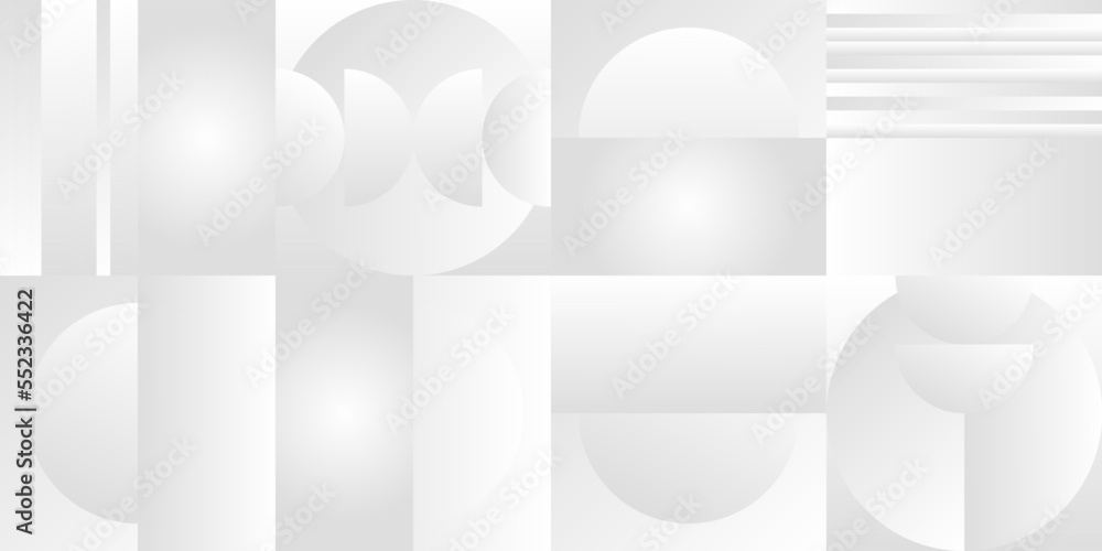 Obraz premium Abstract white and gray gradient background. Modern minimalistic design. Vector illustration with simple shapes like circle, square, rectangle. Monochrome light 3d futuristic design