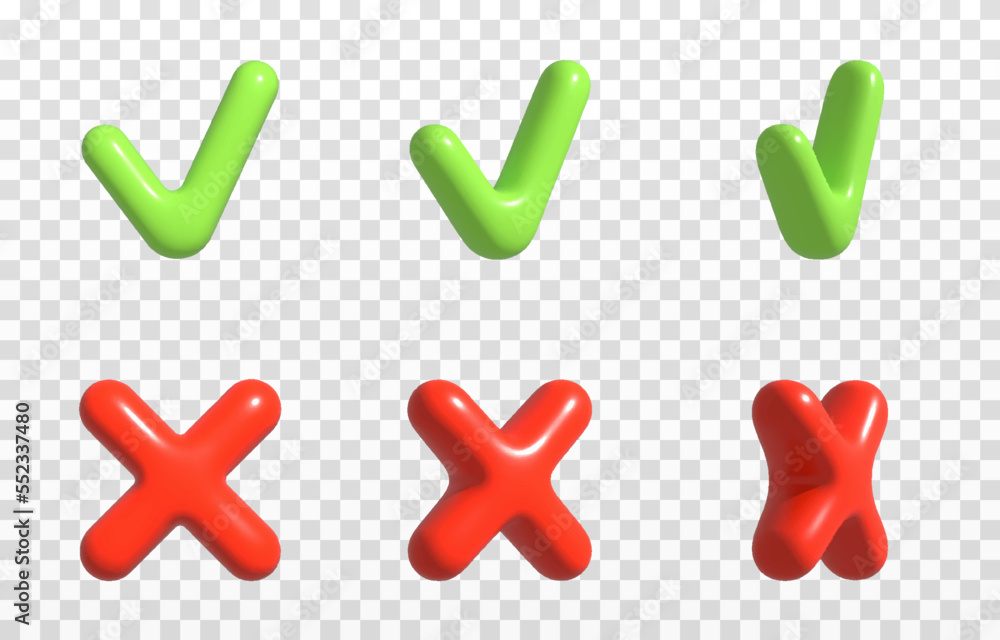 Vector green check mark and red cross on isolated transparent background. Confirmation symbol png. Prohibition symbol png. Symbol from different angles. Vector green check mark and red cross on isolated transparent background. Confirmation symbol png. Prohibition symbol png. Symbol from different angles.