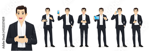 Handsome asian business young man in black suit with gadgets phone and tablet set isolated vector illustration