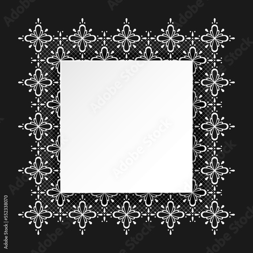 Vector paper cut square banner with copy space. Empty white paper sheet with lace underneath on black background. Volumetric, trendy design. Best for polygraphy, print and web.