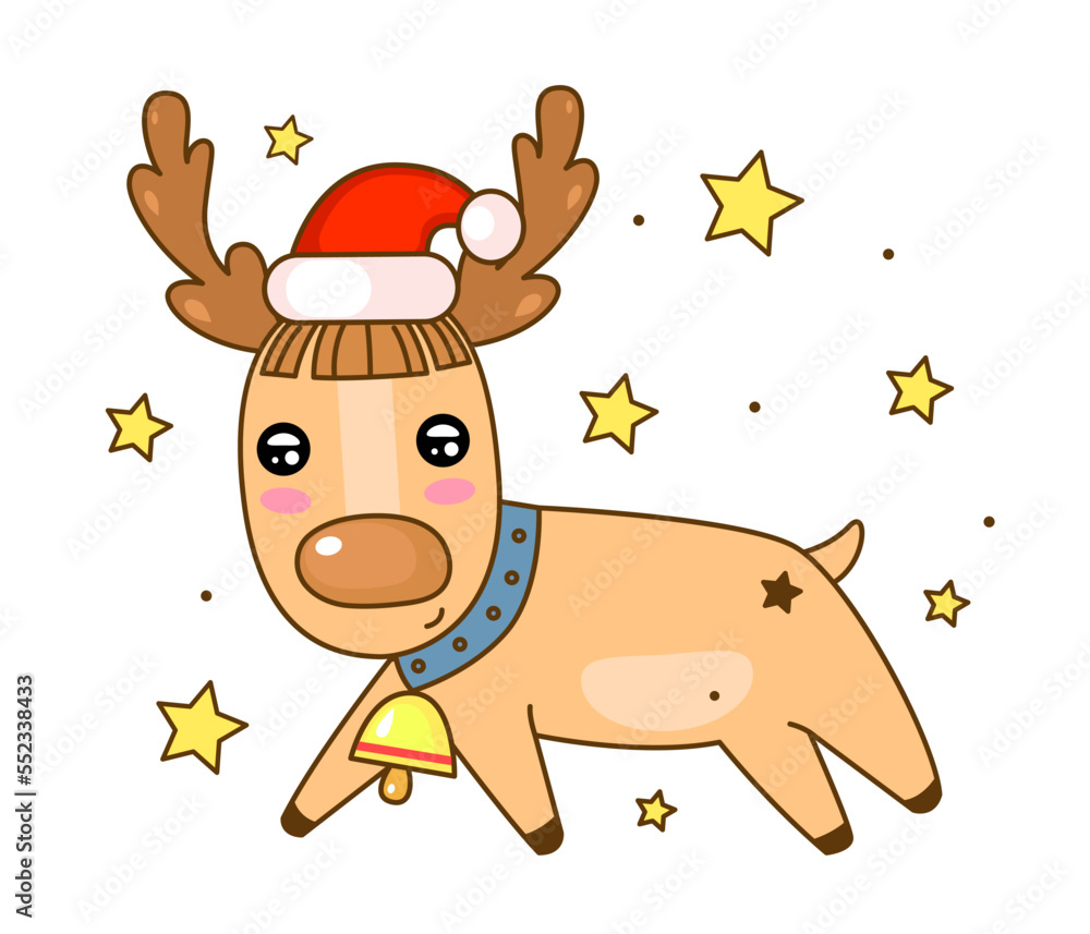 Cute cartoon deer in Santa hat with stars. Funny character for your winter design. 