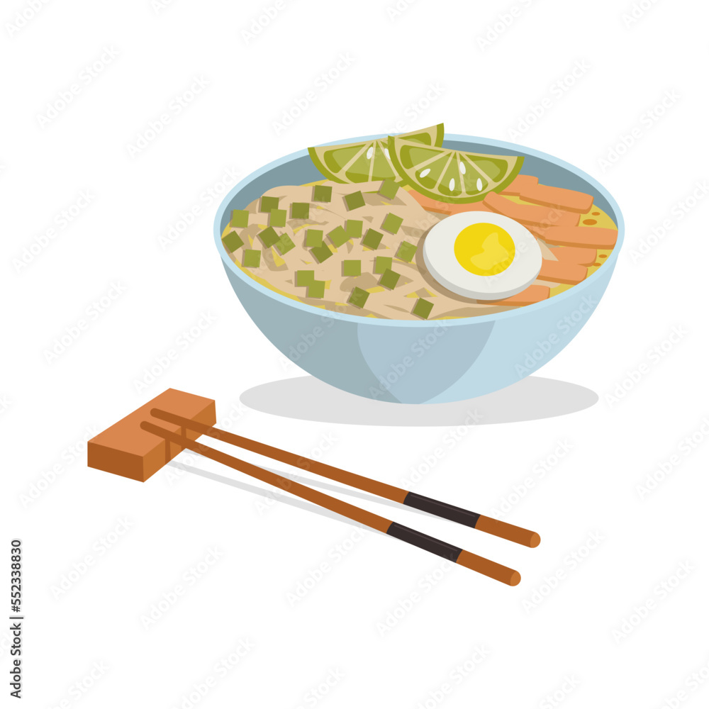 Indonesian national food. Soto ayam. Chicken, longtong, noodles and rice noodle, green onion and egg. Vector graphic. Indonesian national food. Soto ayam. Chicken, longtong, noodles and rice noodle, green onion and egg. Vector graphic.