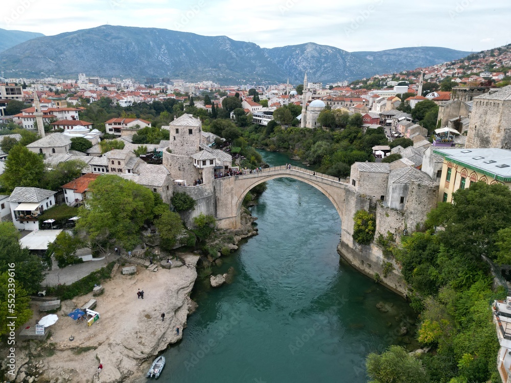 Mostar old bridge Bosnia and Herzegovina drone aerial view summer high angle..