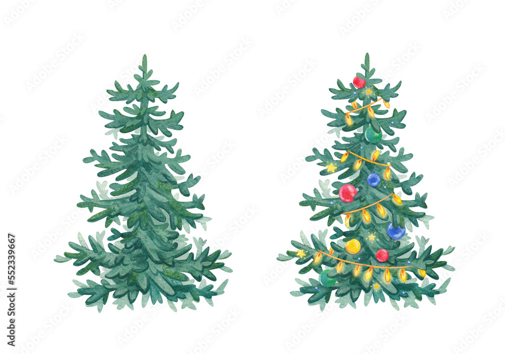 Obraz premium Watercolor decorated Christmas tree illustration. Holiday greeting card
