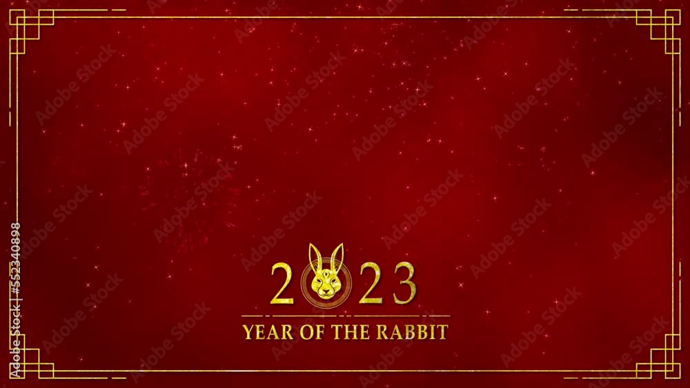 Motion graphic of Golden rabbit logo with chinese new year and year of the Rabbit 2023 on dark red background and glitter particle in a happy new year concept abstract background seamless loop video