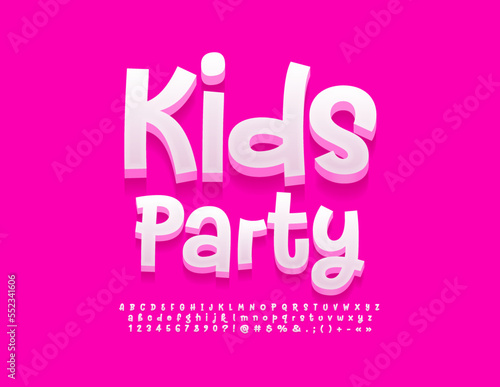 Vector cute emblem Kids Party. Playful 3D Font. Funny handwritten Alphabet Letters, Numbers and Symbols set