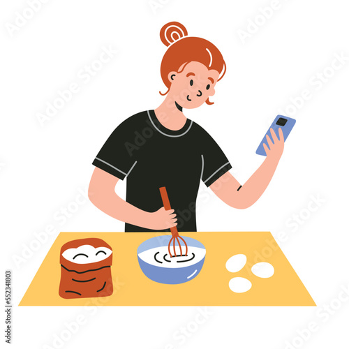Girl cooking while using cell phone, baking online recipe, bakery utensils icons, making dough tutorial on mobile, vector doodle illustration of whisk, eggs, flour, isolated colored clipart on white b