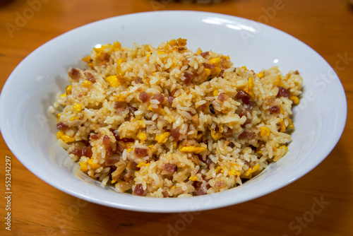 A delicious Chinese home cooking dish, sausage and egg fried rice
