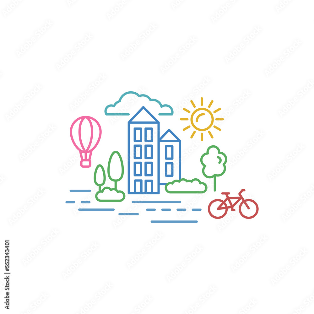 Vector illustration of sunny city with plants and trees. Ecology, travel, slow life concept.