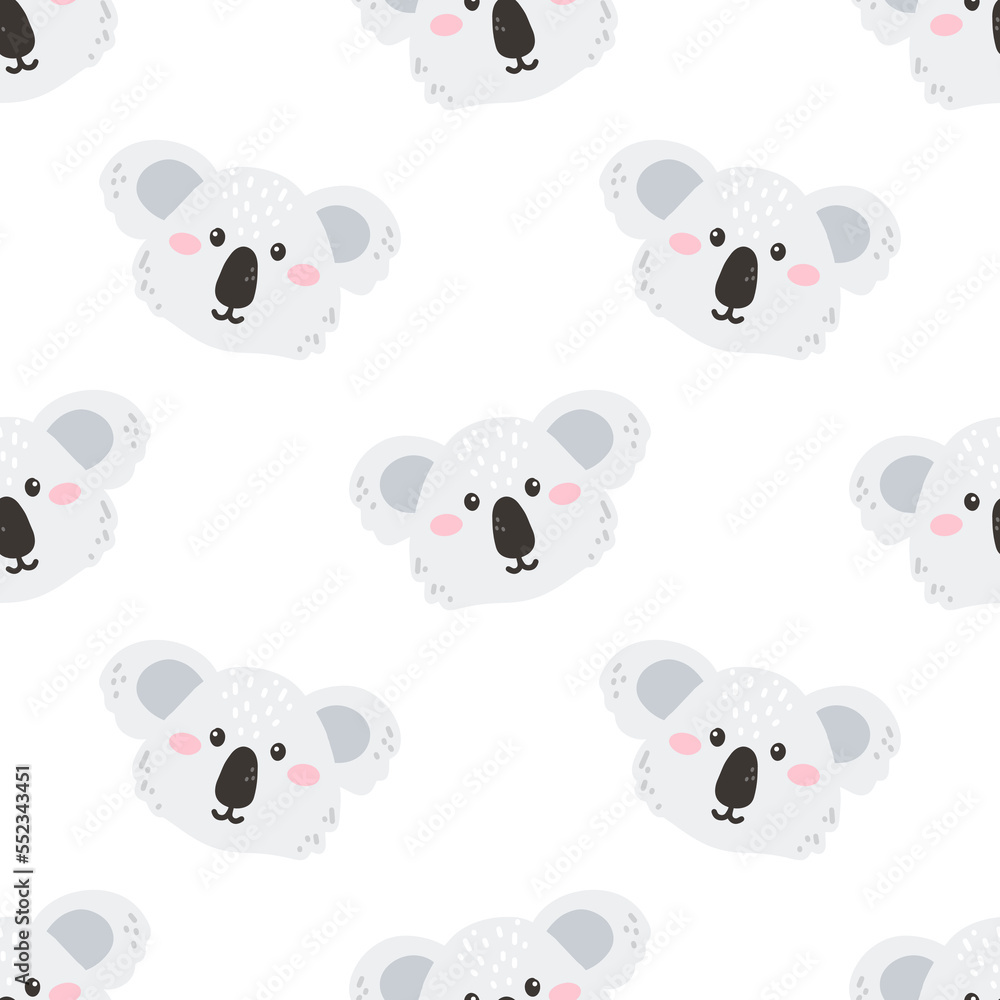Cute koala face. Vector seamless pattern on white background