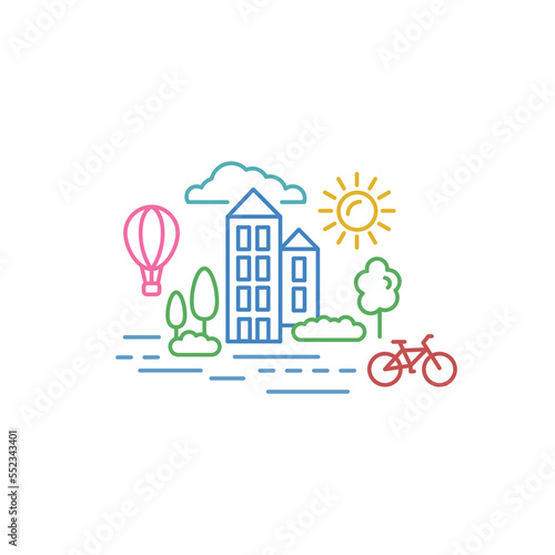 Vector illustration of sunny city with plants and trees. Ecology, travel, slow life concept.