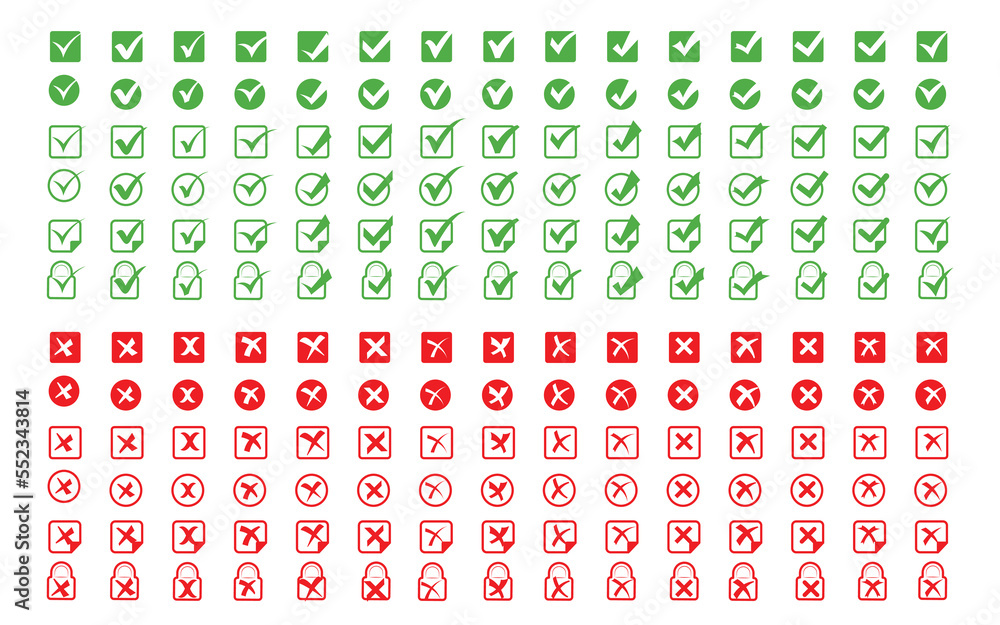 Green check mark and red cross icon set collection, Circle and square ...