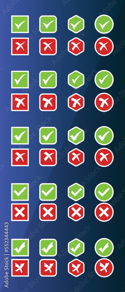 Green check mark and red cross icon set collection, Circle and square ...