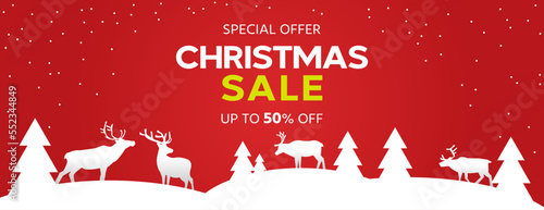 Reindeer Merry Christmas banner. Discount christmas sale. Sale Christmas. Christmas-tree sale. Sales Christmas. Offer Merry Christmas. Coupon Christmas sale. Snowing Merry Christmas. Vector template