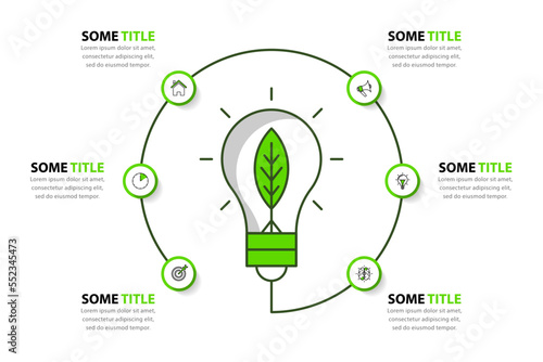 Infographic template. Green energy concept. Light bulb with leaf and 6 steps