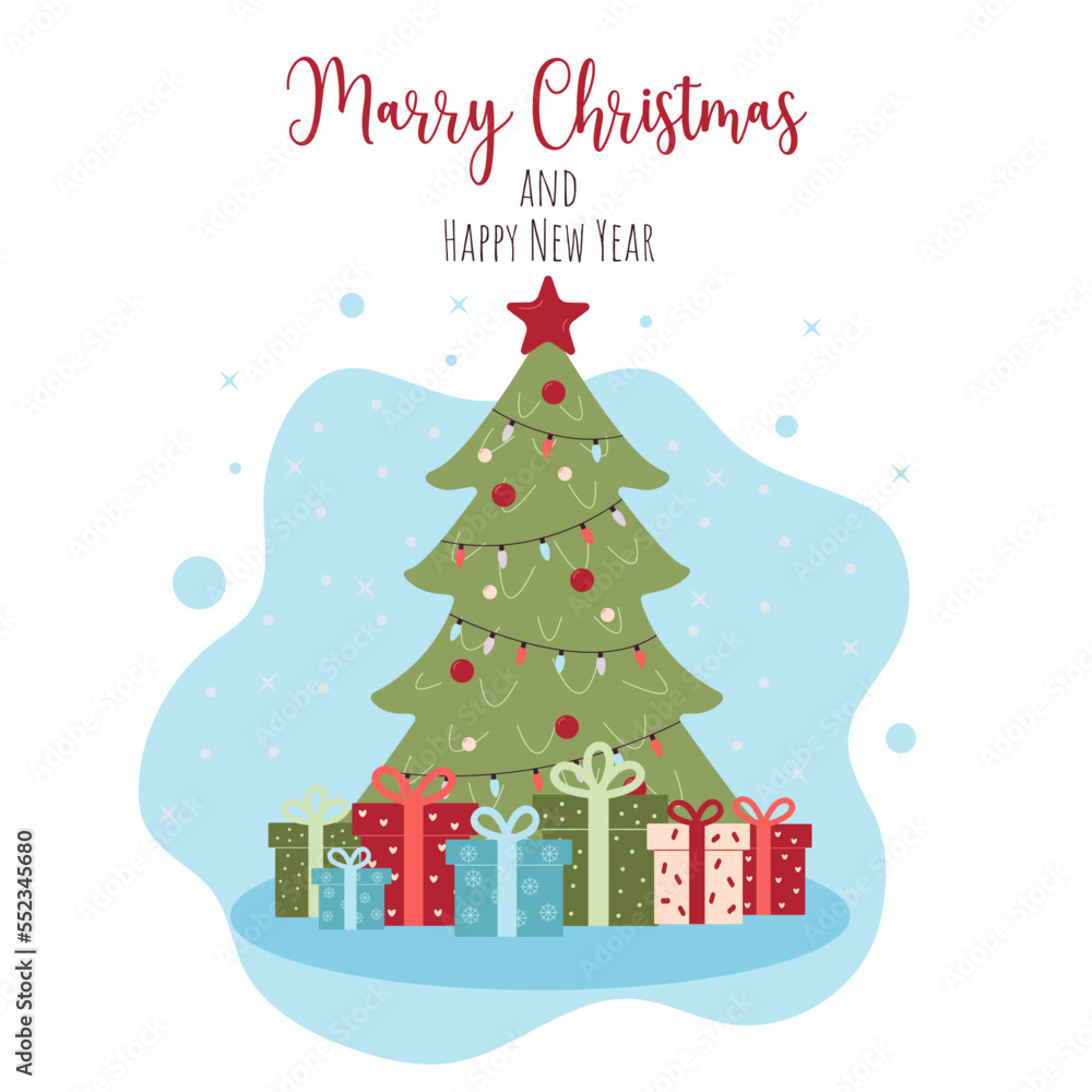 Fototapeta premium Christmas card with Christmas tree and gifts. Cute illustration in flat style