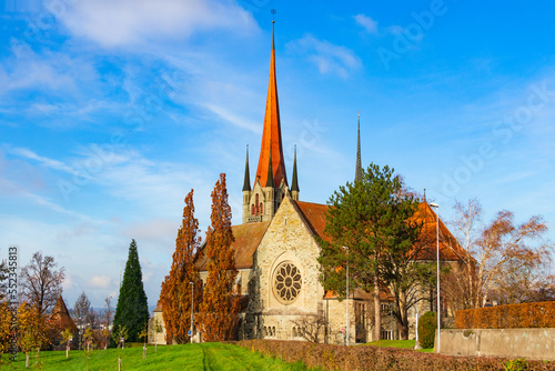 Panoramic view of St. Michael Catholic Church in autumn, Zug, Switzerland