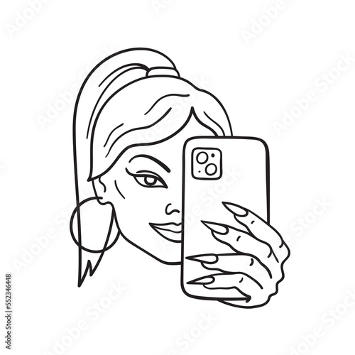 Isolated vector illustration of woman making selfie. Cute thin line icon for design, cover etc.