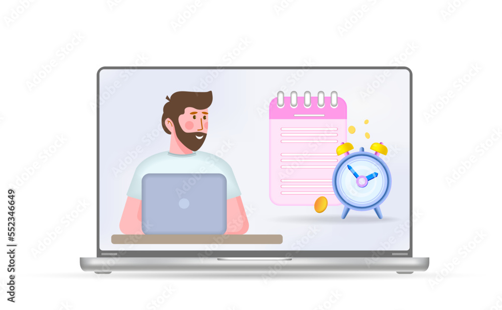 A young man is working on a laptop computer. Creative business ideas,
economic task planning, business development strategy.
3d vector illustration. Cartoon style. A young man is working on a laptop computer. Creative business ideas,
economic task planning, business development strategy.
3d vector illustration. Cartoon style.