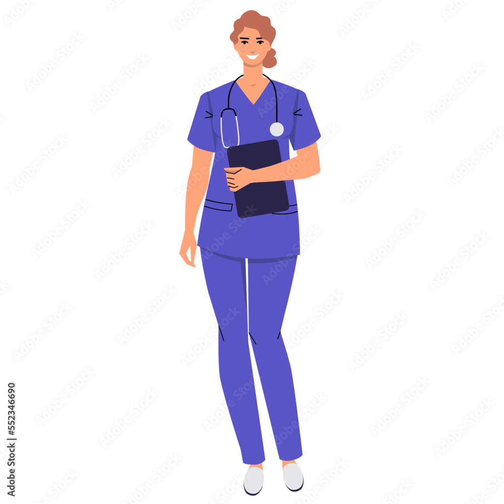 A smiling nurse is holding a clipboard. A doctor with a stethoscope and wearing scrubs. Medical worker in flat style isolated on white background. Vector illustration. A smiling nurse is holding a clipboard. A doctor with a stethoscope and wearing scrubs. Medical worker in flat style isolated on white background. Vector illustration.