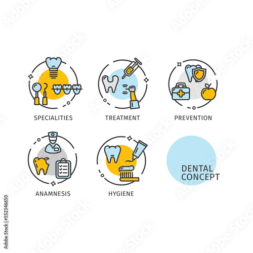Dental Concept Thin Line Icons Labels Set. Vector