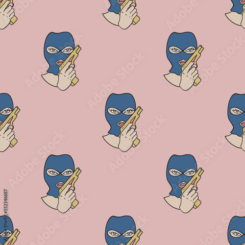 Woman in a balaclava with a gun vector seamless pattern. Cute repeat background for textile, design, fabric, cover etc.