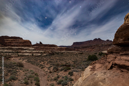Nighttime in Horse Canyon, located in the Maze District of Canyonlands National Park in Utah, seen in the springtime. The sky is full of stars. The arid desert landscape is empty and beautiful.
