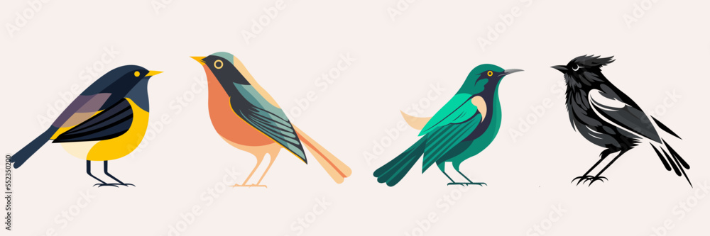 Fototapeta premium Birds set cartoon colorful design elements for wedding, Christmas, vector illustration.