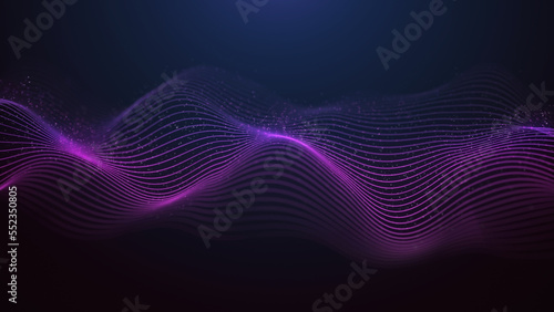 Futuristic musical wave of purple lines. Digital data flow. The concept of big data. Network connection. Cybernetics and technology. Abstract dark background. 3d rendering.