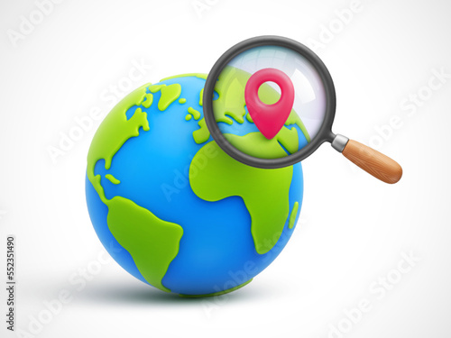 Cartoon planet Earth with magnifying glass and red pointer inside 3d vector icon. Finding the best place for travel, vacation concept. World traveling or GPS navigation concept. Vector illustration