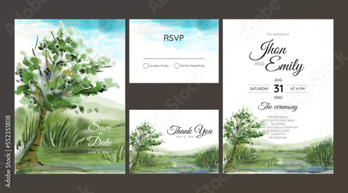 wedding invitation with watercolor morning landscape view
