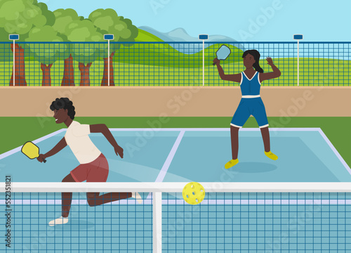 Playing pickleball. New modern game. Vector illustration