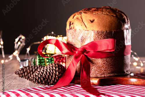 Homemade Christmas Even Bread on Blurry Background, Copy Space.