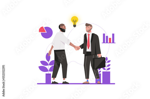 Business solution concept in flat design. Businessmen shake hands and make good deal at company meeting. Collaboration and partnership. Illustration with isolated people scene for web banner