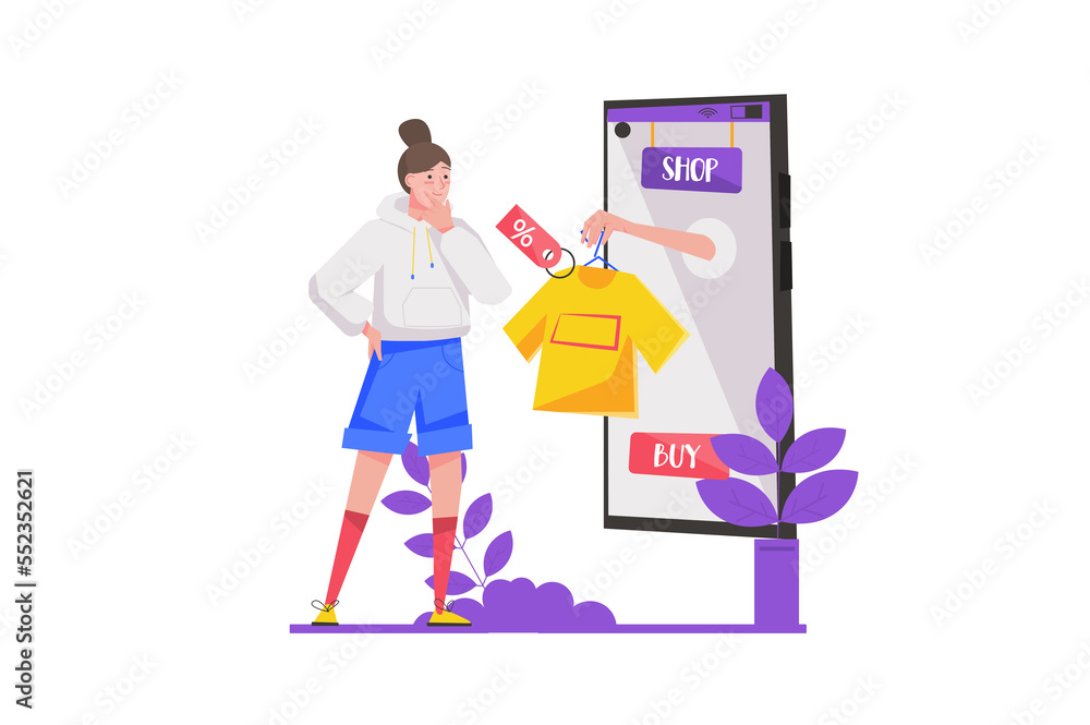 Shopping in mobile app concept in flat design. Woman choosing clothes on online page of store and buying with discounts, e-commerce. Illustration with isolated people scene for web banner