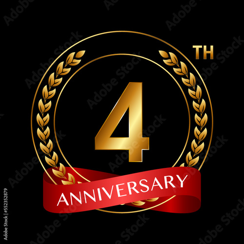 4th Anniversary. Anniversary Logo Design with Laurel Wreath and Red Ribbon for Celebration Event, Wedding, Invitation, Greeting Card. Logo Vector Illustration