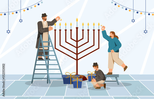 Happy Hanukkah, Jewish Festival of Lights Poster. Religious Festive Symbols Vector Illustration.