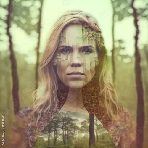 Double exposure image of woman and landscape. Generative AI illustration.