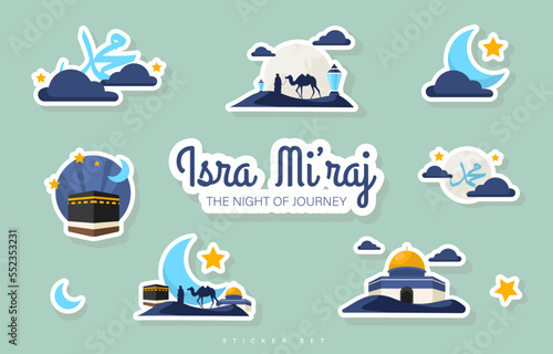Cute Isra Miraj Greeting Sticker Vector Illustration. Al-Isra wal Mi'raj Doodle Art Collection