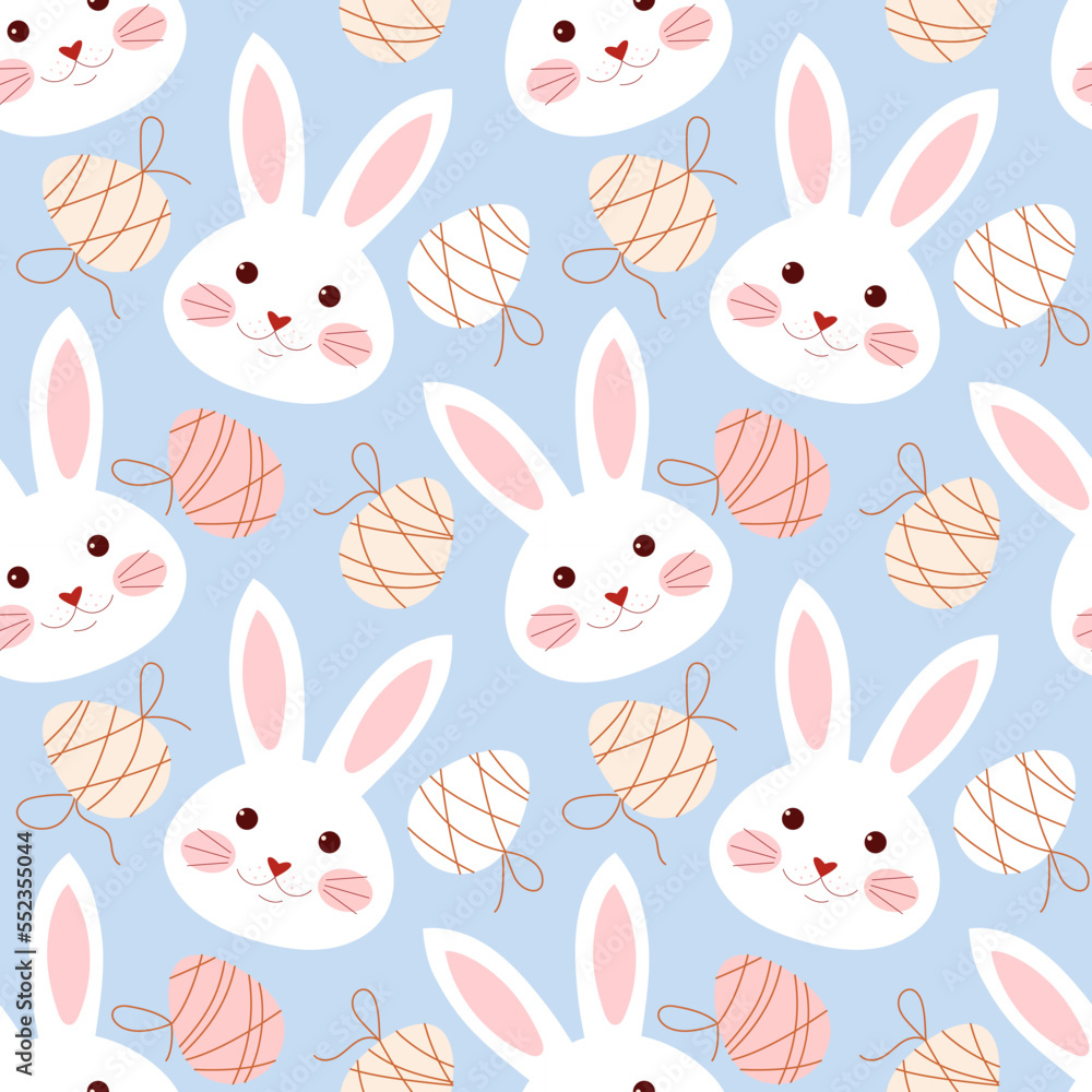 Seamless pattern with bunny faces and eggs on blue background.