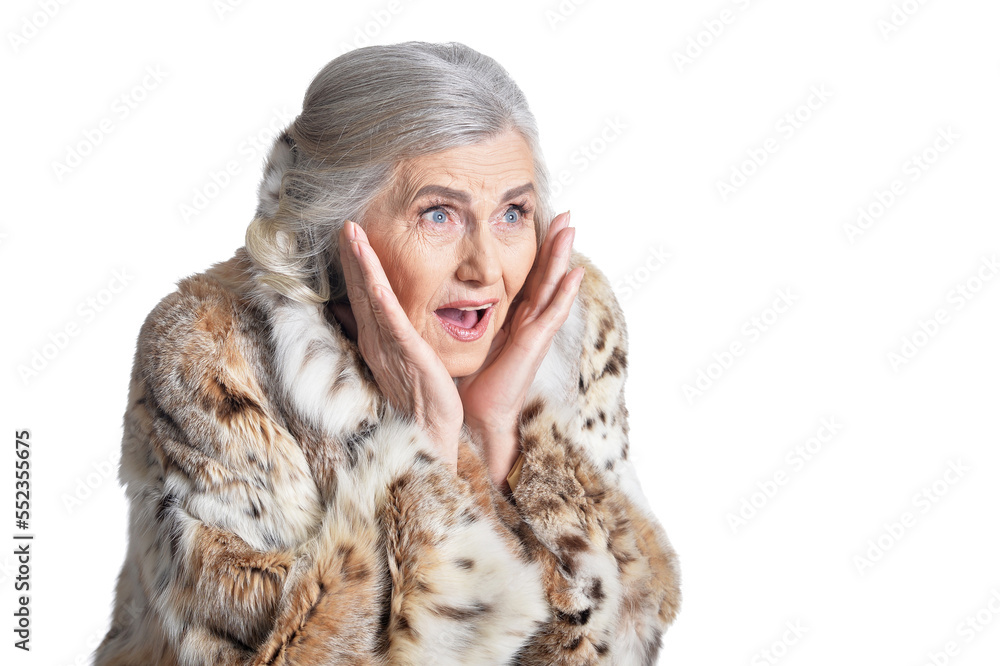 portrait of happy beautiful senior woman in fur coat portrait of happy beautiful senior woman in fur coat