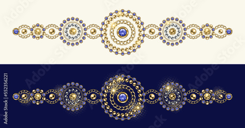 Baroque border motif like bracelet. Ornament made made of gold, silver jewelry chains, blue gems, rhinestones, ball beads in vintage style. Vector illustration on white, blue background.