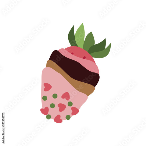 Chocolate covered strawberry. Pink glazed strawberries. Flat, cartoon, vector