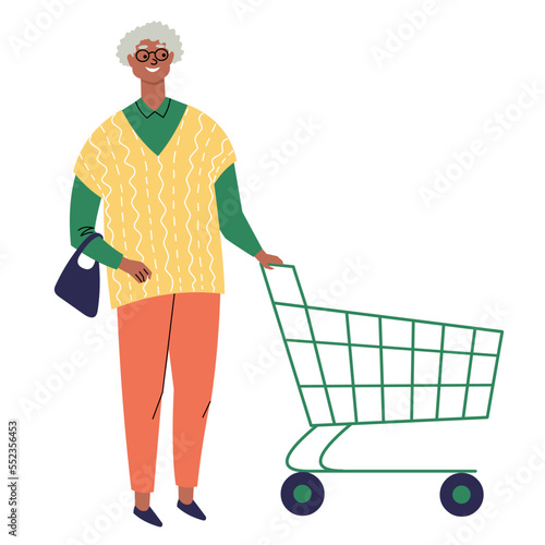 Elderly woman with empty shopping cart. Cheerful dark-skinned grandmother in a supermarket or grocery store. Flat style. Seasonal discounts, sale. Vector isolated on white background.