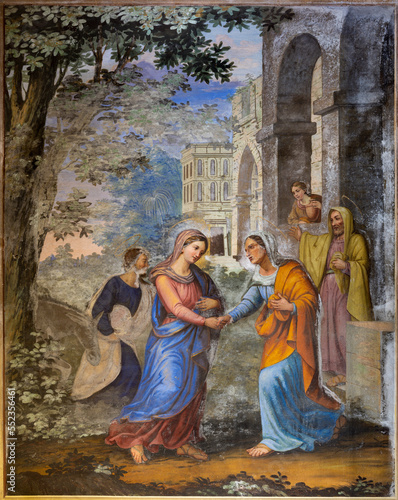 IVREA, ITALY - JULY 15, 2022: The fresco Visitation in the church Chiesa di Sant Ulderico by Giovanni Silvestro from end of 19. cent. photo