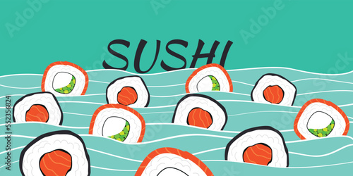 Banner with sushi rolls and sea waves. Vector illustration