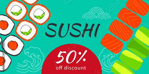 Discount Banner with sushi rolls. Vector illustration