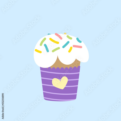 Easter cake with chocolate glaze and sprinkle. icing. Cupcake with heart. Flat. Isolated