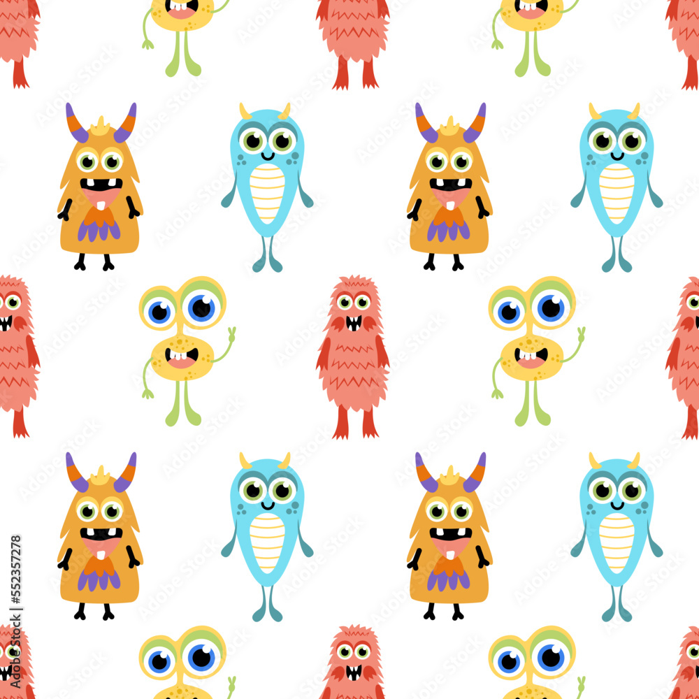Naklejka premium Cute monster seamless pattern. Colorful monsters. Flat, cartoon, vector