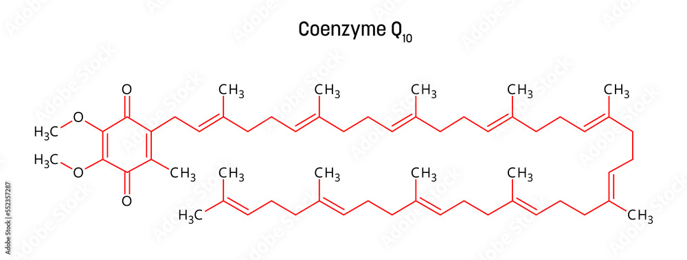 Coenzyme Q10 molecular structure. Coenzyme Q10, ubiquinone or CoQ10, is a organic vitamin-like compound important for cardiovascular, brain and dental health, fertility, physical perfromance. Vector